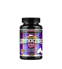 Black and purple container with black lid of Allmax BCAA Aminocore contains 210 caps shown in white background