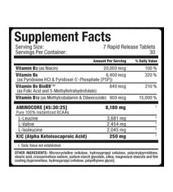 Supplement facts and ingredients panel of Allmax Nutrition Aminocore for serving size of 7 rapid release tablets for 30 servings per container
