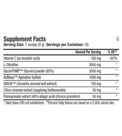 Supplement facts panel of ANS Performance Dialate Pump for serving size of 1 scoop (9 g) with 30 servings per container