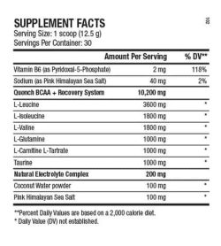 Supplement facts panel of ANS Performance Quench BCAA for serving size of 1 scoop (12.5 g) with 30 servings per container