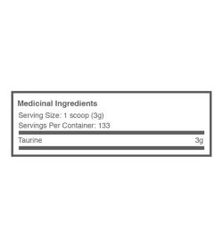 Medicinal ingredients panel of Ballistic Labs Taurine for serving size of 1 scoop (3 g) for 133 servings per container