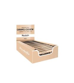 Light brown box of Barebells Protein bar Caramel Cashew shown open in white background