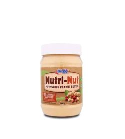 A brown container with white lid of BioX Nutri-Nut Powdered Peanut Butter with 25% less fat