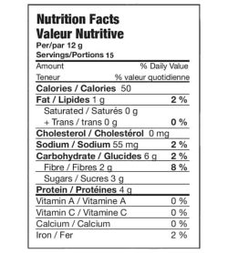 Nutrition facts panel of Bio-x Nutri Nut Powdered Peanut Butter Protein for serving size of 1 bar (12 g) with 15 servings per package