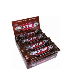 A open brown box of 12 BioX Protein 32 bars each containing 32g protein shown in white background