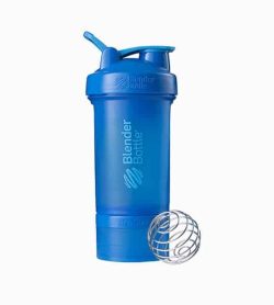 Blue Blender Bottle Sport mixer with blue lid shown with mixer and in white background