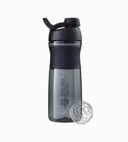 Black Blender Bottle Sport mixer with black lid shown with mixer and in white background