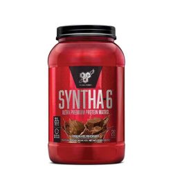 Shiny red container with black lid of BSN Syntha-6 Ultra Premium Protein Matrix with Chocolate Milkshake contains 28 servings