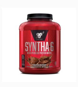 Shiny red container with black lid of BSN Syntha-6 Ultra Premium Protein Matrix with Chocolate Milkshake flavour contains 2.27 kg