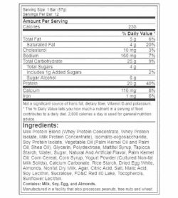 Nutrition facts and ingredients panel of BSN Syntha 6 for serving size of 1 bar (57 g) and 12 servings per bar