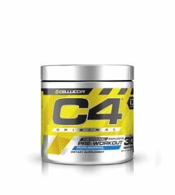 Silver and yellow container with silver cap of Cellucor C4 Original Pre-Workout contains 30 servings of dietary supplement