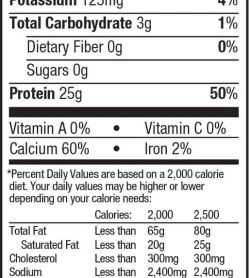 Tableau de la valeur nutritive et des ingrédients de Dymatize Elite Casein pour une portion de 1 cuillère (35 g) avec env. 26 portions par contenant