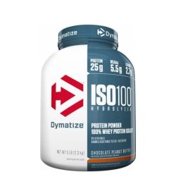 White and blue container with blue lid of Dymatize ISO100 Hydrolysed Protein Powder 100% Whey Protein Isolate with Chocolate Peanut Butter flavour contains 2.3 kg