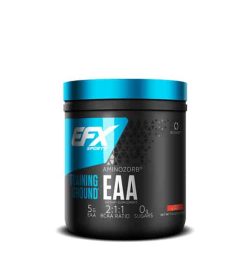 Black and blue container with shiny blue cap of EFX Sports Training Ground EAA Aminozorb with 0 g sugars and 5 g EAA