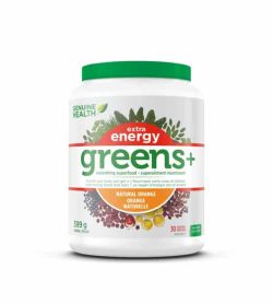 Green and white container with green lid of Genuine Health Extra Energy Greens+ Natural Orange contains 399 g