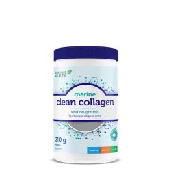 White and blue container with blue lid of Genuine Health Marine Clean Collagen wild caught fish contains 210 g