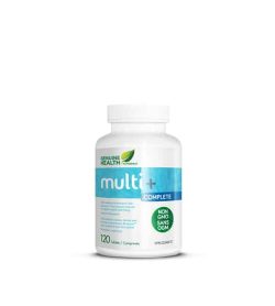 Silver and blue container with white lid of Genuine Health Multi+ Complete contains 120 tablets