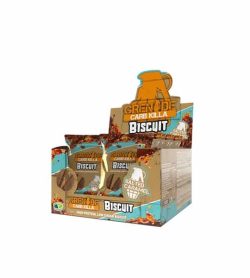Brown and blue box of Grenade Carb Killa Biscuit pouches with Salted Caramel flavour