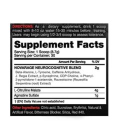 Supplement facts and ingredients panel of Innovapharm Novarage Extreme Pre-workout for serving size 1 scoop (8.7 g)