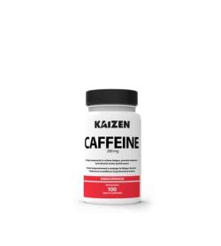 White and red bottle with black cap of Kaizen Caffeine 200 mg contains 100 shown in white background