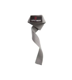 Liftech Padded Grey Cotton Lift Straps shown folded and logo visible in white background