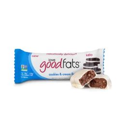 Blue and white pouch of Love Good Fats Cookie & Cream flavoured new keto bar showing one broken bar outside