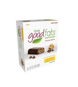 White box of Love Good Fats plant-based new keto friendly bars and box showing Choco chip outside