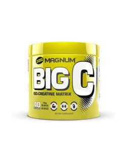 Shiny yellow container with yellow cap of Magnum BIG C ISO-Creatine Matrix contains 40 servings of dietary supplement