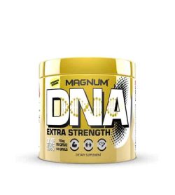 Shiny yellow container with yellow cap of Magnum DNA Extra Strength contains 140 capsules of dietary supplement