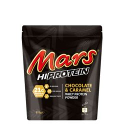 Dark brown pouch of Mars HiProtein Whey Protein Powder with Chocolate & Caramel flavour contains 875 g