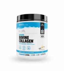 White and blue container with black lid of North Coast Naturals Boosted Bovine Collagen contains 500 g