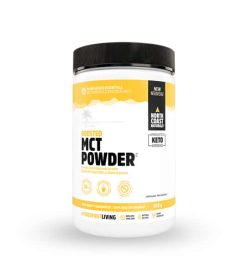 White and yellow container with black cap of North Coast Naturals Boosted MCT Powder contains 300 g