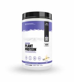 White and blue container with black lid of North Coast Naturals Boosted Plant Protein contains 840 g
