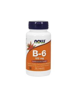 White container with blue cap and orange label of Now B-6 100 mg Cardiovascular Health contains 100 capsules of dietary supplement