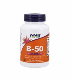 White container with blue cap and orange label of Now B-50 Nervous System Health contains 100 veg capsules
