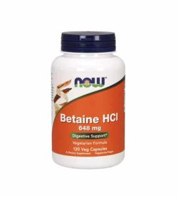 White container with blue cap and orange label of Now Betaine HCI 648 mg Digestive Support vegetarian formula contains 120 veg capsules