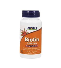 White container with blue cap and orange label of Now Biotin 5000 mcg Energy Production contains 60 veg capsules