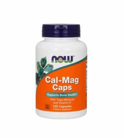 White container with blue cap and orange label of Now Cal-Mag Caps Supports Bone Health with Trace Minerals and Vitamin D contains 120 capsules