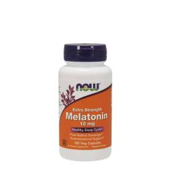 White container with blue cap and orange label of Now Extra Strength Melatonin 10 mg Healthy Sleep Cycle contains 100 veg capsules