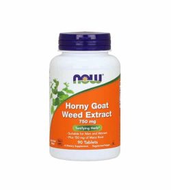 White container with blue cap and orange label of Now Horny Goat Weed Extract 750 mg Tonifying Herb contains 90 tablets