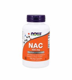 White container with blue cap and orange label of Now NAC 600 mg Free Radical Protection contains 100 veg capsules