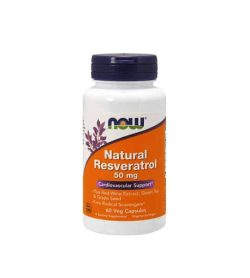 White container with blue cap and orange label of Now Natural Resveratrol 50 mg Cardiovascular Support contains 60 veg capsules