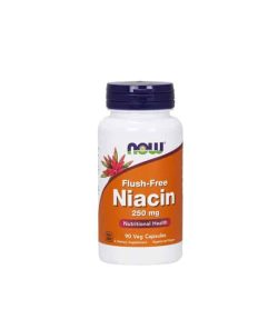White container with blue cap and orange label of Now Flush-Free Niacin 250 mg Nutrional Health contains 90 veg capsules