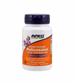 White container with blue cap and orange label of Now Double Strength Policosanol 20 mg from sugar cane Cholesterol Support contains 90 veg capsules