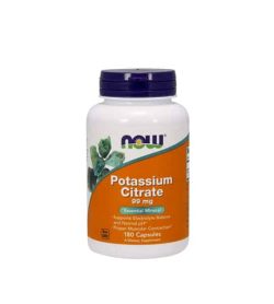 White container with blue cap and orange label of Now Potassium Citrate 99 mg Essential Mineral contains 180 capsules