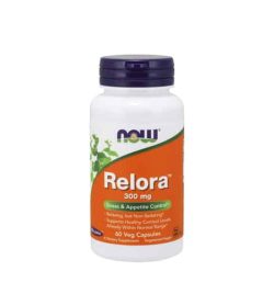 White container with blue cap and orange label of Now Relora 300 mg Stress & Appetite Control contains 60 veg capsules
