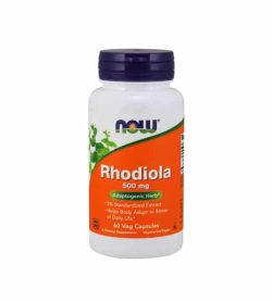 White container with blue cap and orange label of Now Rhodiola 500 mg Adaptogenic Herb contains 60 veg capsules