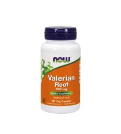 White container with blue cap and orange label of Now Valerian Root 500 mg Herbal Supplement contains 100 veg capsules