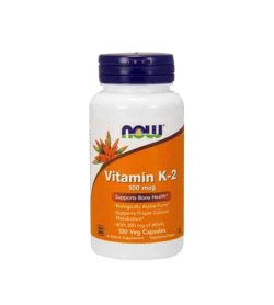 White container with blue cap and orange label of Now Vitamin K-2 100 mcg supports bone health contains 100 veg capsules