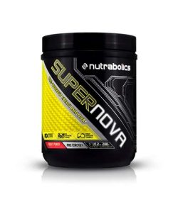 Black and yellow container with black lid of Nutrabolics Super Nova Pre-Workout Energy Amplifier with Fruit Punch flavour